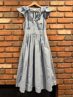 LC Lauren Conrad Light Blue and White Striped Ruffle-Shoulder Maxi Dress